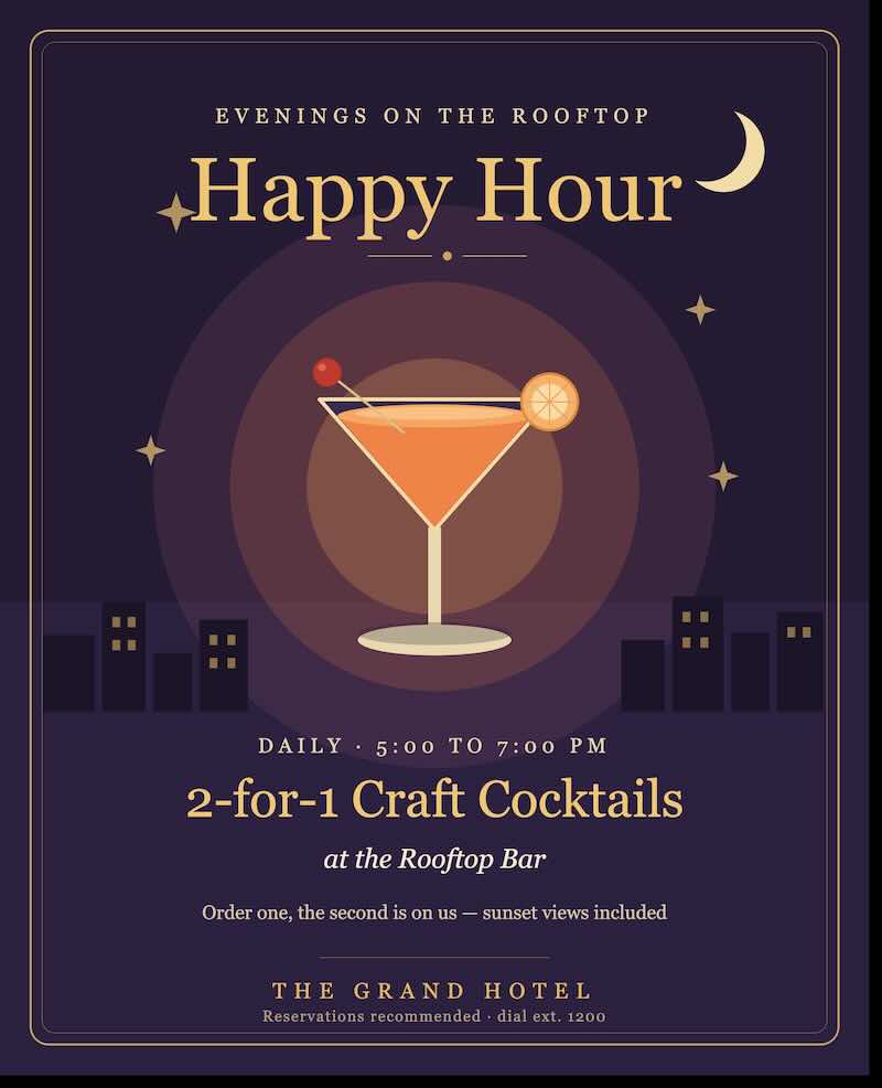 Rooftop Bar Happy Hour — 2-for-1 craft cocktails